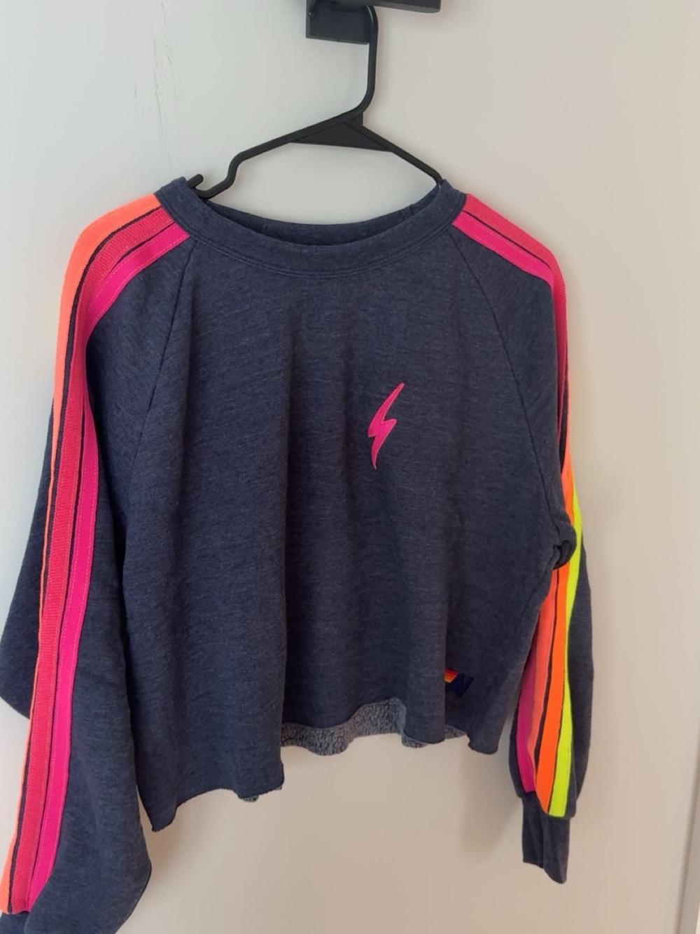Aviator Nation bolt Cropped Classic Crewneck in Heather Navy Neon